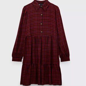 Zara Red and Black Plaid Shirt Dress